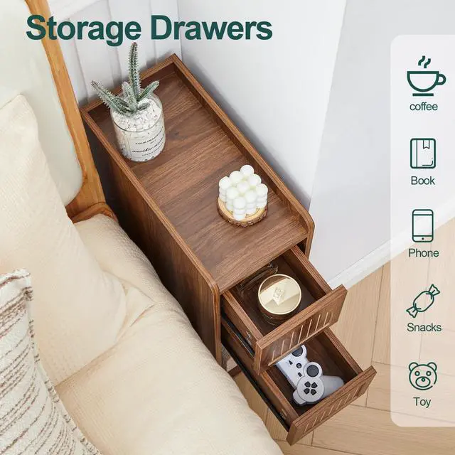 Alt view image 6 of 7 - Walnut Narrow Nightstand, Wooden Small 2 Drawer Nightstand, Slim Side End Table, Skinny Bedside Table, Mid Century Modern Night Stand with Drawers, for Living Room (Deep Walnut-1 pc)