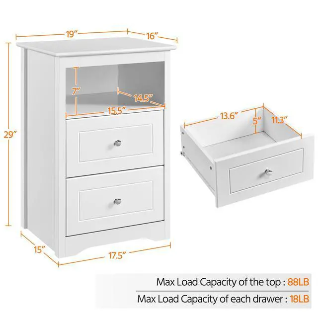 Alt view image 4 of 7 - Nightstand with 2 Drawer and 1 Open Shelf, 29" Tall Bedside Table Wooden Flie Cabinet Telephone Table Bed Side Table with Storage for Bedroom White