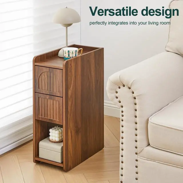 Alt view image 4 of 7 - Walnut Narrow Nightstand, Wooden Small 2 Drawer Nightstand, Slim Side End Table, Skinny Bedside Table, Mid Century Modern Night Stand with Drawers, for Living Room (Deep Walnut-1 pc)
