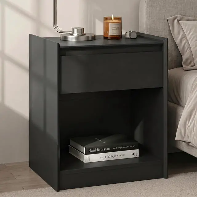 Main image of Black 24"H Nightstand, Drawer & Open Shelf, Small Bedside Table