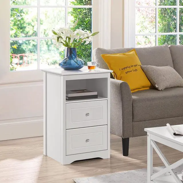 Alt view image 3 of 7 - Nightstand with 2 Drawer and 1 Open Shelf, 29" Tall Bedside Table Wooden Flie Cabinet Telephone Table Bed Side Table with Storage for Bedroom White