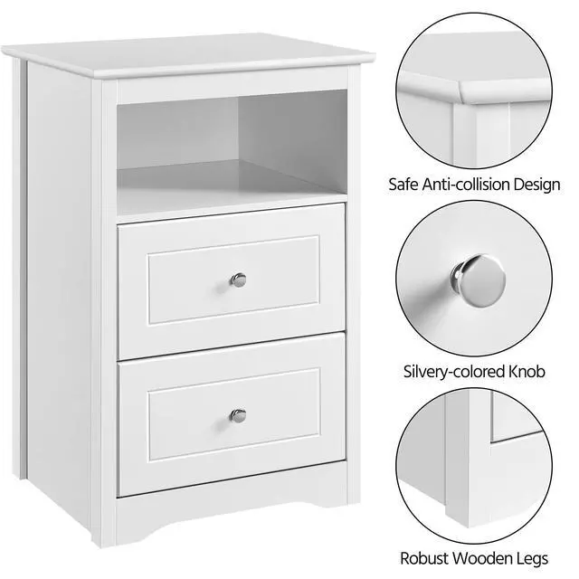 Alt view image 5 of 7 - Nightstand with 2 Drawer and 1 Open Shelf, 29" Tall Bedside Table Wooden Flie Cabinet Telephone Table Bed Side Table with Storage for Bedroom White