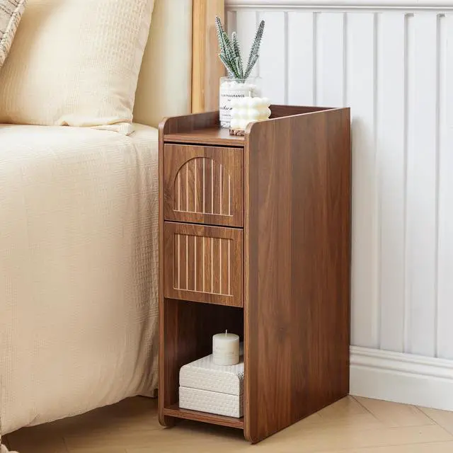 Alt view image 7 of 7 - Walnut Narrow Nightstand, Wooden Small 2 Drawer Nightstand, Slim Side End Table, Skinny Bedside Table, Mid Century Modern Night Stand with Drawers, for Living Room (Deep Walnut-1 pc)