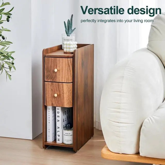 Alt view image 4 of 7 - Narrow End Table Bedroom, Wooden Small 2 Drawer Nightstand, Thin Couch Side End Table, Skinny Bedside Table Small Spaces, Mid Century Modern Night Stand with Drawers (Walnut-1 pc)