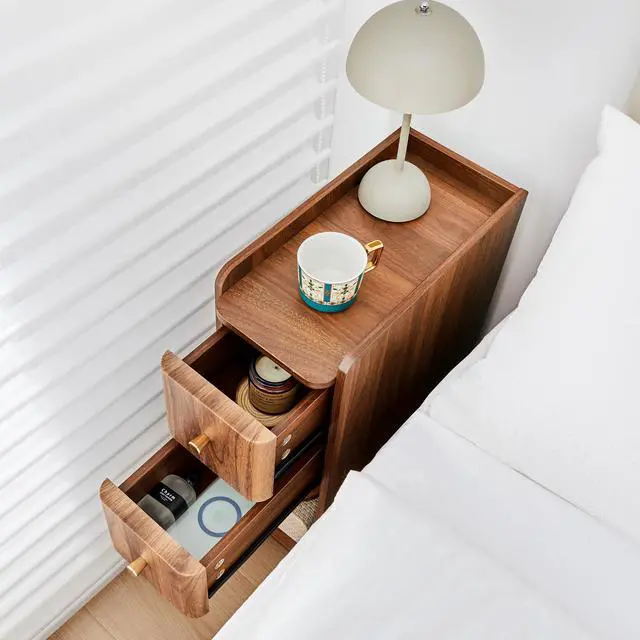 Alt view image 3 of 7 - Narrow End Table Bedroom, Wooden Small 2 Drawer Nightstand, Thin Couch Side End Table, Skinny Bedside Table Small Spaces, Mid Century Modern Night Stand with Drawers (Walnut-1 pc)