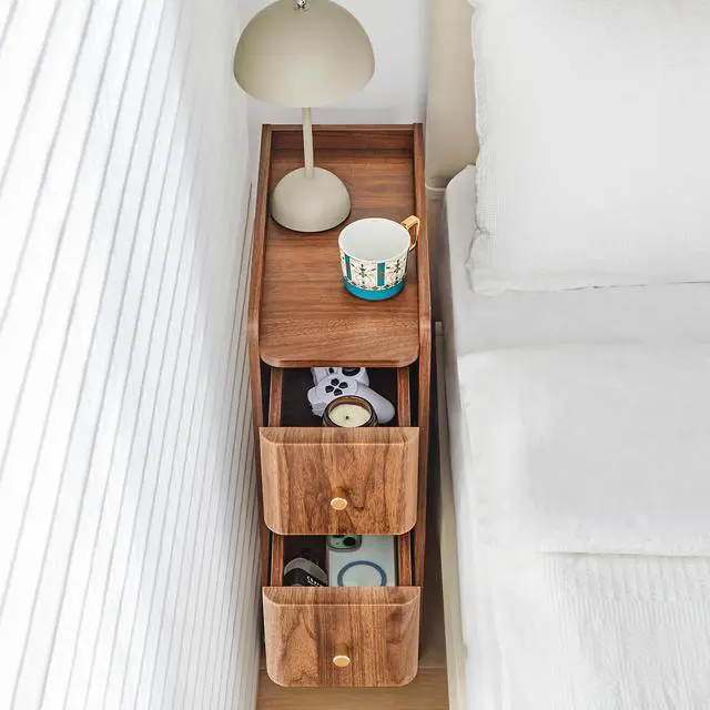 Alt view image 5 of 7 - Narrow End Table Bedroom, Wooden Small 2 Drawer Nightstand, Thin Couch Side End Table, Skinny Bedside Table Small Spaces, Mid Century Modern Night Stand with Drawers (Walnut-1 pc)