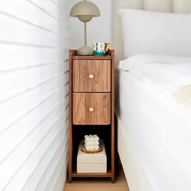 Main image of Narrow End Table Bedroom, Wooden Small 2 Drawer Nightstand, Thin Couch Side End Table, Skinny Bedside Table Small Spaces, Mid Century Modern Night Stand with Drawers (Walnut-1 pc)