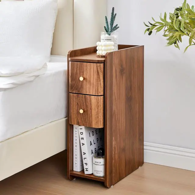 Alt view image 7 of 7 - Narrow End Table Bedroom, Wooden Small 2 Drawer Nightstand, Thin Couch Side End Table, Skinny Bedside Table Small Spaces, Mid Century Modern Night Stand with Drawers (Walnut-1 pc)