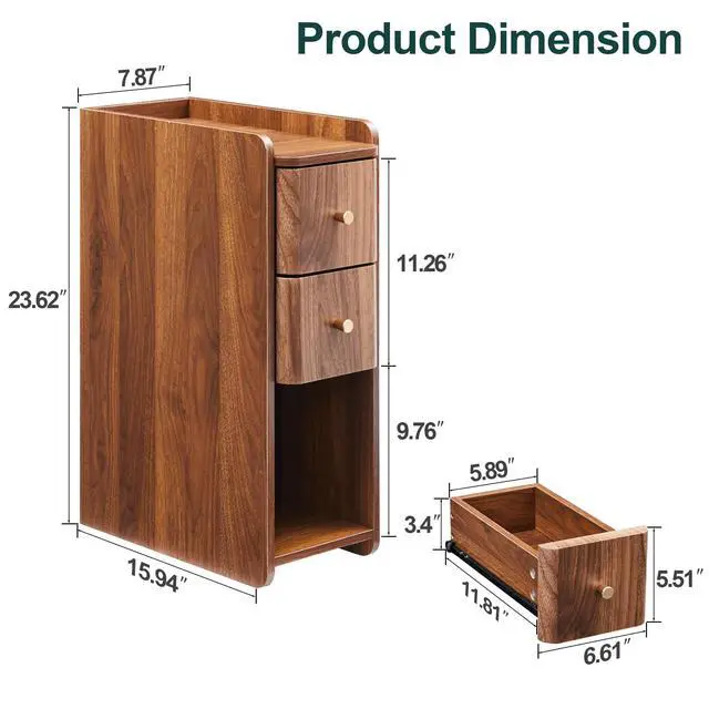 Alt view image 2 of 7 - Narrow End Table Bedroom, Wooden Small 2 Drawer Nightstand, Thin Couch Side End Table, Skinny Bedside Table Small Spaces, Mid Century Modern Night Stand with Drawers (Walnut-1 pc)