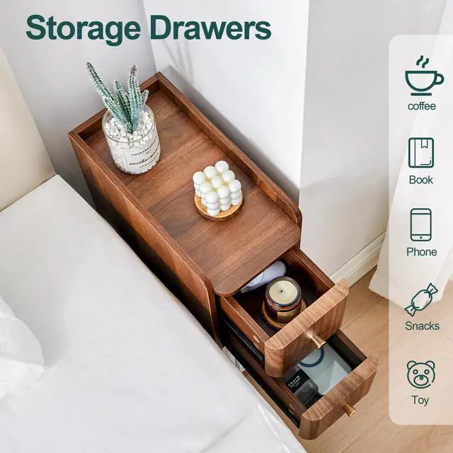 Alt view image 6 of 7 - Narrow End Table Bedroom, Wooden Small 2 Drawer Nightstand, Thin Couch Side End Table, Skinny Bedside Table Small Spaces, Mid Century Modern Night Stand with Drawers (Walnut-1 pc)