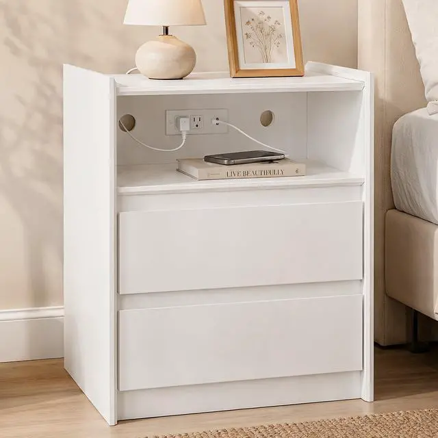 Main image of White Nightstand with Charging Station, 24"H, 2 Drawers & Shelf