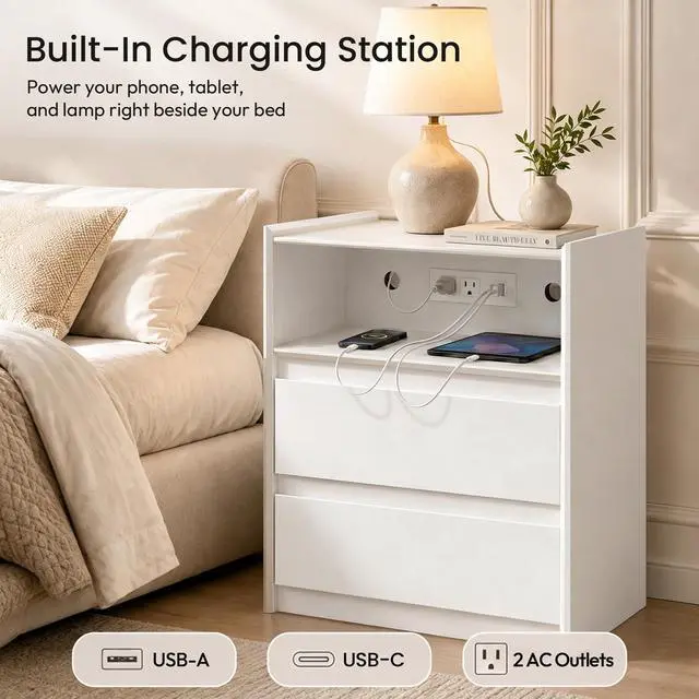 Alt view image 2 of 7 - White Nightstand with Charging Station, 24"H, 2 Drawers & Shelf