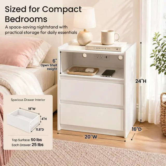 Alt view image 3 of 7 - White Nightstand with Charging Station, 24"H, 2 Drawers & Shelf