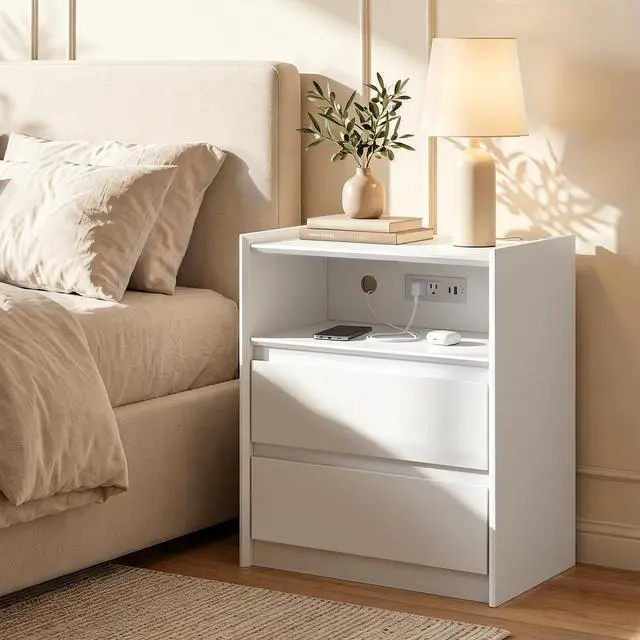 Alt view image 4 of 7 - White Nightstand with Charging Station, 24"H, 2 Drawers & Shelf