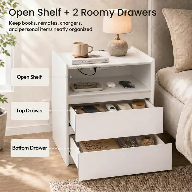 Alt view image 5 of 7 - White Nightstand with Charging Station, 24"H, 2 Drawers & Shelf