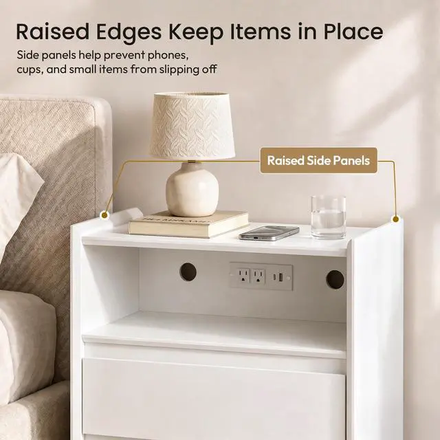 Alt view image 6 of 7 - White Nightstand with Charging Station, 24"H, 2 Drawers & Shelf