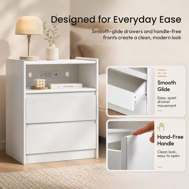 Alt view image 7 of 7 - White Nightstand with Charging Station, 24"H, 2 Drawers & Shelf