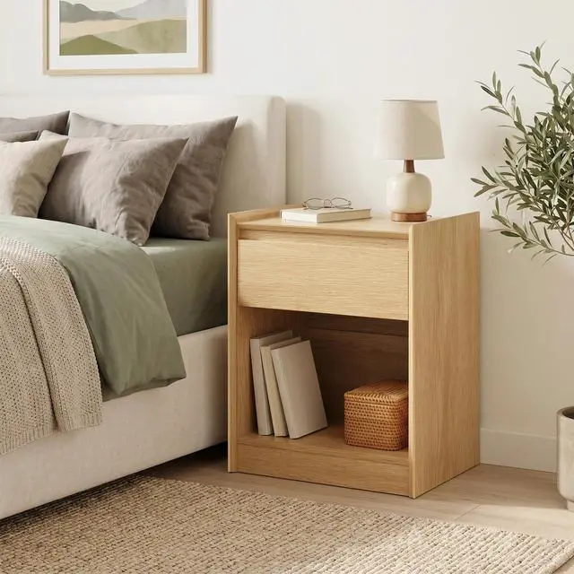 Alt view image 2 of 7 - Natural Oak 24" H Nightstand, Drawer & Open Shelf Bedside Table