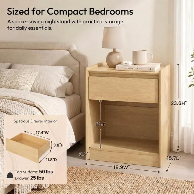 Alt view image 3 of 7 - Natural Oak 24" H Nightstand, Drawer & Open Shelf Bedside Table
