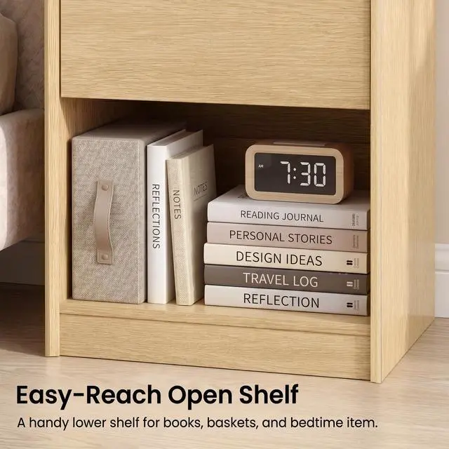 Alt view image 6 of 7 - Natural Oak 24" H Nightstand, Drawer & Open Shelf Bedside Table
