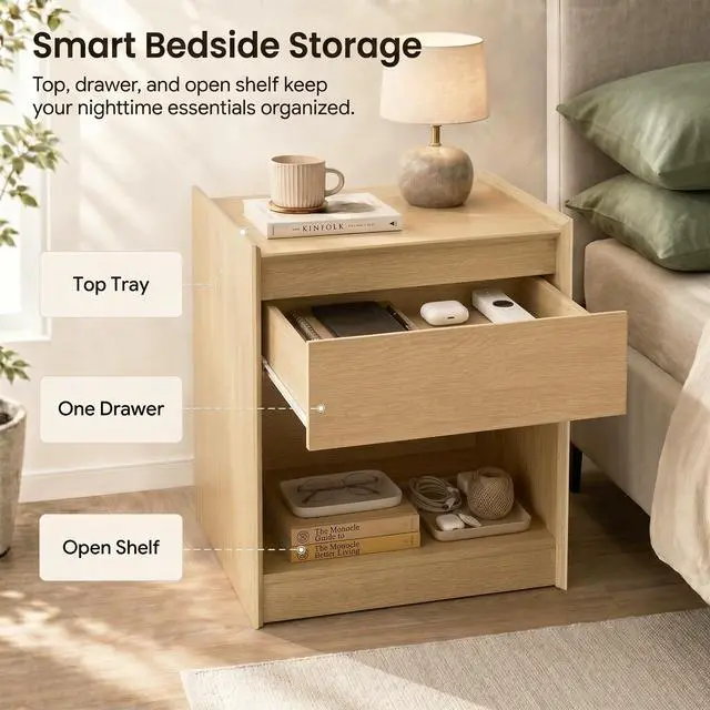 Alt view image 5 of 7 - Natural Oak 24" H Nightstand, Drawer & Open Shelf Bedside Table
