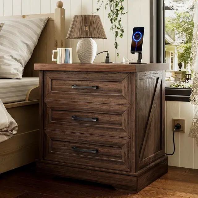 Main image of Farmhouse Nightstand with 3 Drawers and Outlet, 24 Inch Bedside Table with USB Charging, Rustic Wood Cabinet for Bedroom Storage, Dark Walnut