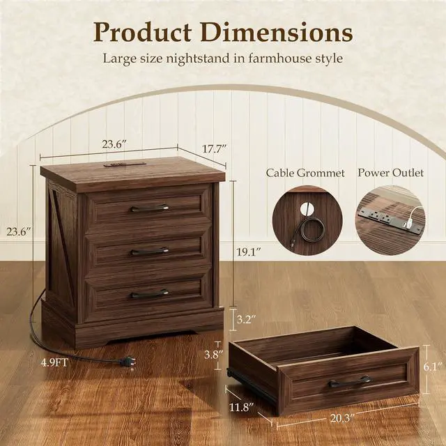 Alt view image 2 of 7 - Farmhouse Nightstand with 3 Drawers and Outlet, 24 Inch Bedside Table with USB Charging, Rustic Wood Cabinet for Bedroom Storage, Dark Walnut