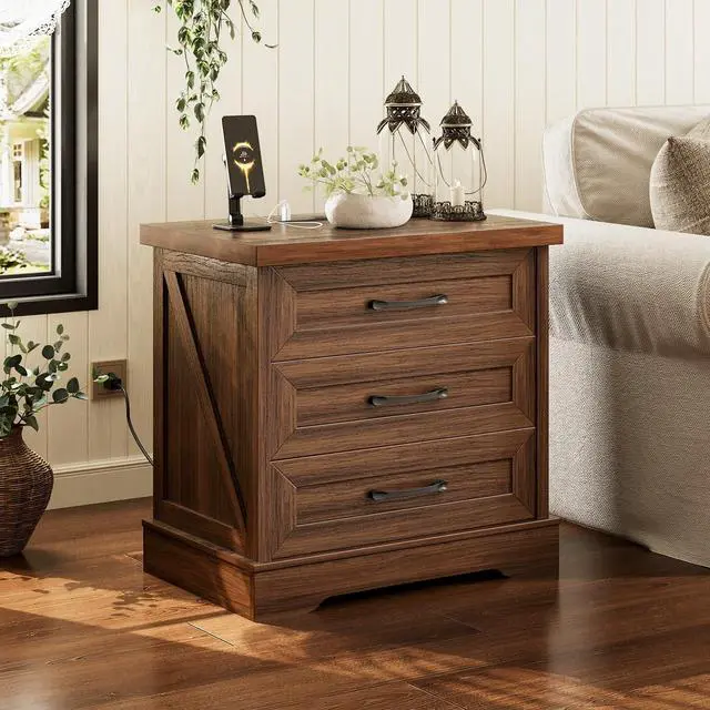 Alt view image 3 of 7 - Farmhouse Nightstand with 3 Drawers and Outlet, 24 Inch Bedside Table with USB Charging, Rustic Wood Cabinet for Bedroom Storage, Dark Walnut