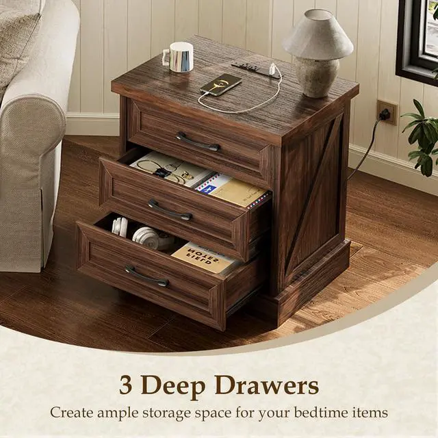 Alt view image 5 of 7 - Farmhouse Nightstand with 3 Drawers and Outlet, 24 Inch Bedside Table with USB Charging, Rustic Wood Cabinet for Bedroom Storage, Dark Walnut