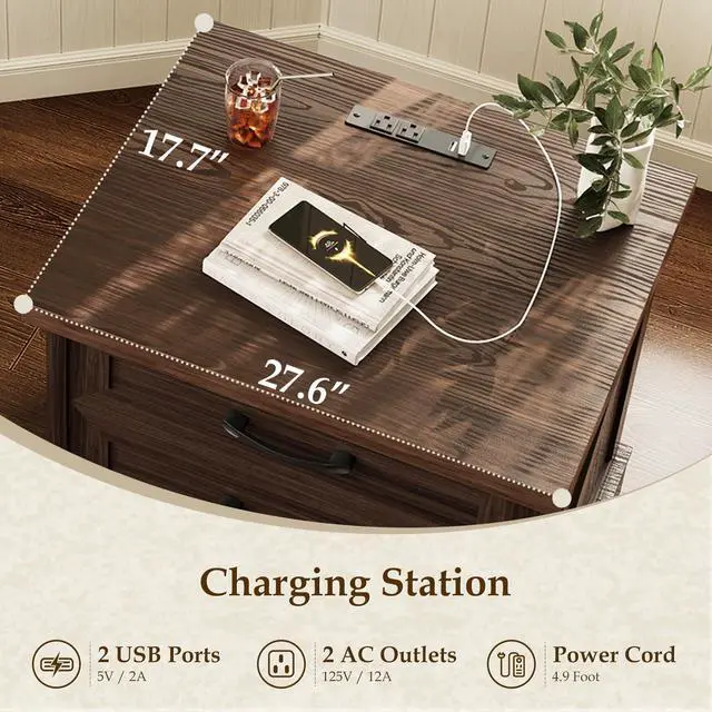 Alt view image 4 of 7 - Farmhouse Nightstand with 3 Drawers and Outlet, 24 Inch Bedside Table with USB Charging, Rustic Wood Cabinet for Bedroom Storage, Dark Walnut