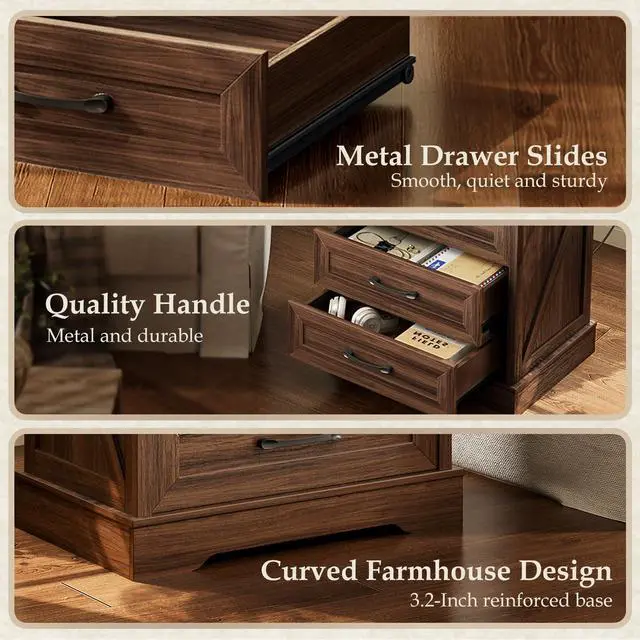 Alt view image 6 of 7 - Farmhouse Nightstand with 3 Drawers and Outlet, 24 Inch Bedside Table with USB Charging, Rustic Wood Cabinet for Bedroom Storage, Dark Walnut