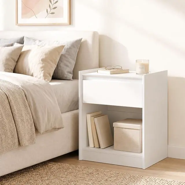 Alt view image 3 of 7 - White 24"H Nightstand, Drawer & Open Shelf, Small Bedside Table