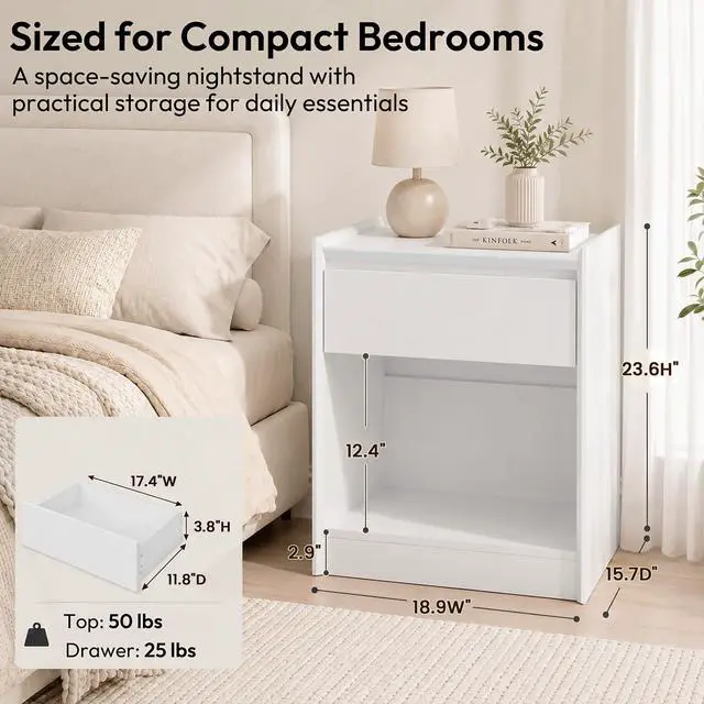 Alt view image 2 of 7 - White 24"H Nightstand, Drawer & Open Shelf, Small Bedside Table