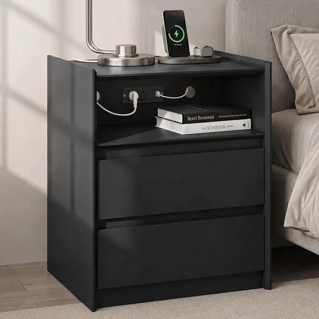 Main image of Black Nightstand with Charging Station, 24"H, 2 Drawers & Shelf