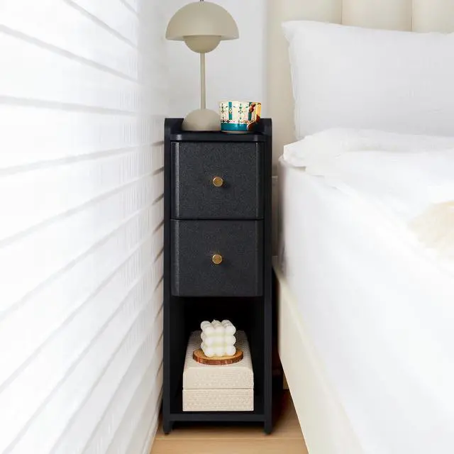 Main image of Narrow End Table Bedroom, Wooden Small 2 Drawer Nightstand, Thin Couch Side End Table, Skinny Bedside Table Small Spaces, Mid Century Modern Night Stand with Drawers (Black-1 pc)