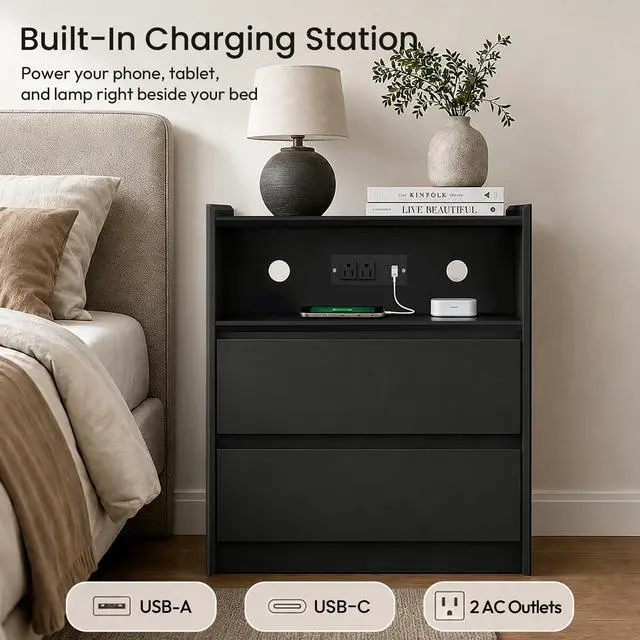 Alt view image 2 of 7 - Black Nightstand with Charging Station, 24"H, 2 Drawers & Shelf