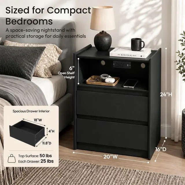 Alt view image 3 of 7 - Black Nightstand with Charging Station, 24"H, 2 Drawers & Shelf