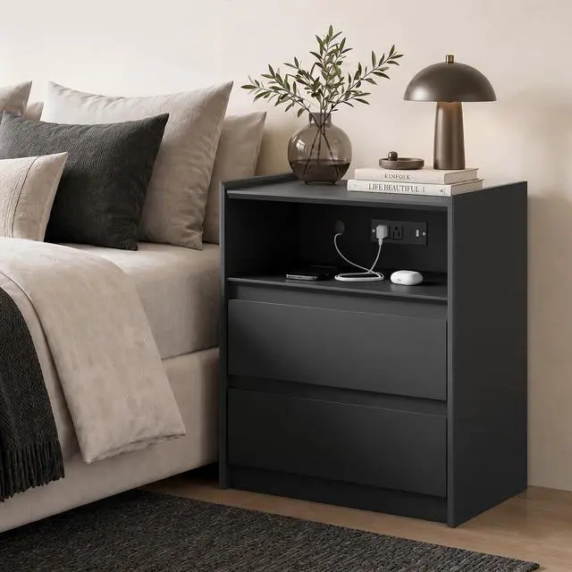 Alt view image 4 of 7 - Black Nightstand with Charging Station, 24"H, 2 Drawers & Shelf