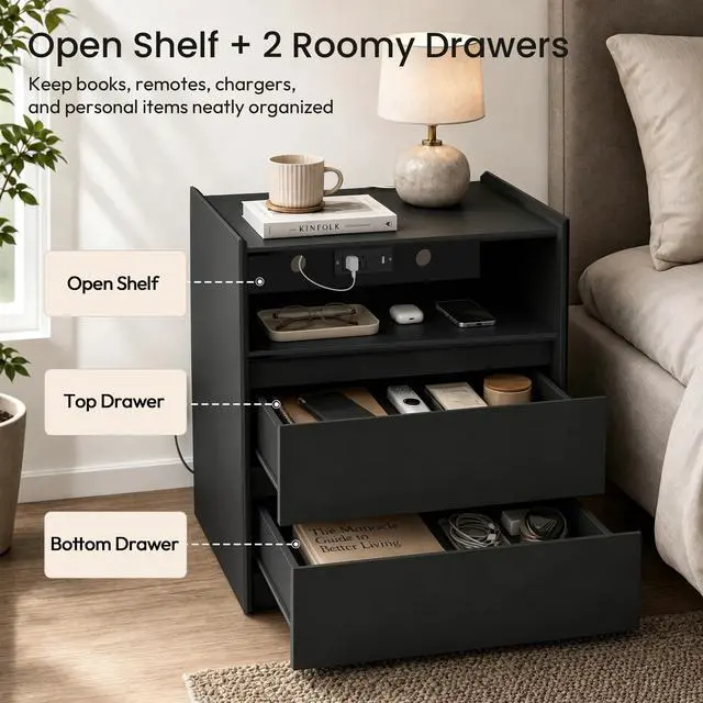 Alt view image 5 of 7 - Black Nightstand with Charging Station, 24"H, 2 Drawers & Shelf