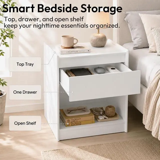Alt view image 6 of 7 - White 24"H Nightstand, Drawer & Open Shelf, Small Bedside Table