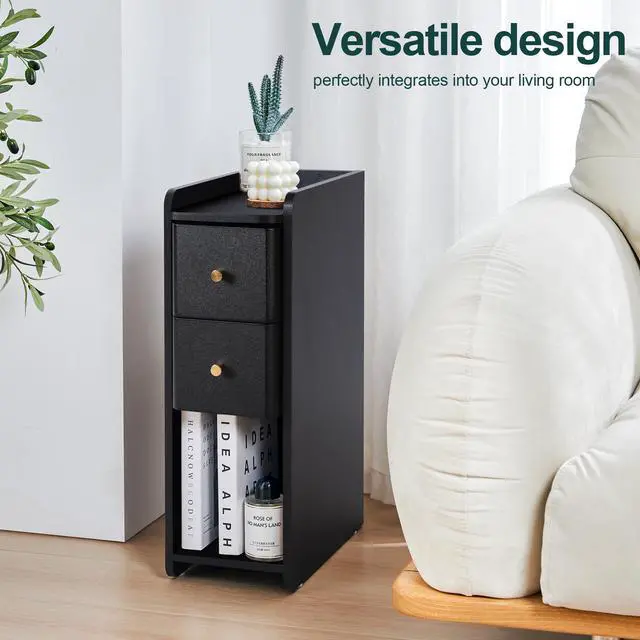 Alt view image 4 of 7 - Narrow End Table Bedroom, Wooden Small 2 Drawer Nightstand, Thin Couch Side End Table, Skinny Bedside Table Small Spaces, Mid Century Modern Night Stand with Drawers (Black-1 pc)