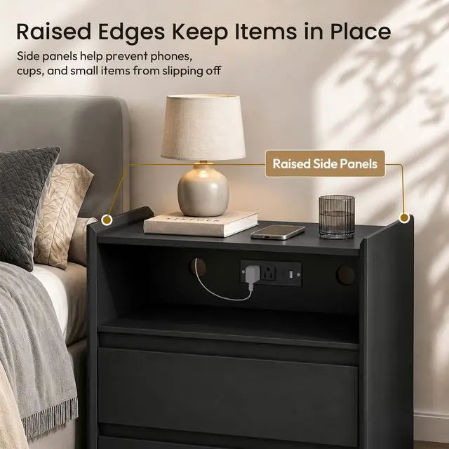 Alt view image 6 of 7 - Black Nightstand with Charging Station, 24"H, 2 Drawers & Shelf