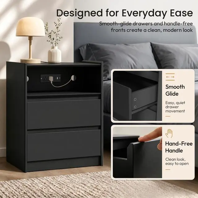Alt view image 7 of 7 - Black Nightstand with Charging Station, 24"H, 2 Drawers & Shelf