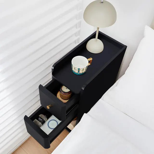 Alt view image 3 of 7 - Narrow End Table Bedroom, Wooden Small 2 Drawer Nightstand, Thin Couch Side End Table, Skinny Bedside Table Small Spaces, Mid Century Modern Night Stand with Drawers (Black-1 pc)