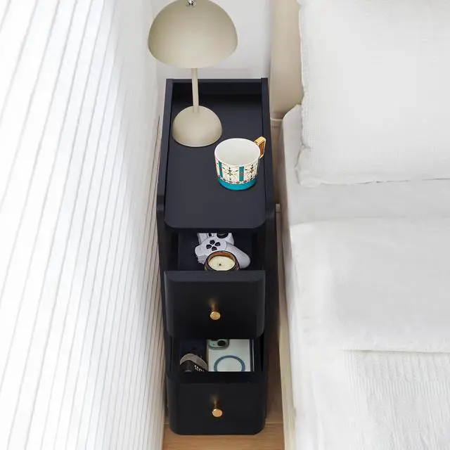 Alt view image 5 of 7 - Narrow End Table Bedroom, Wooden Small 2 Drawer Nightstand, Thin Couch Side End Table, Skinny Bedside Table Small Spaces, Mid Century Modern Night Stand with Drawers (Black-1 pc)