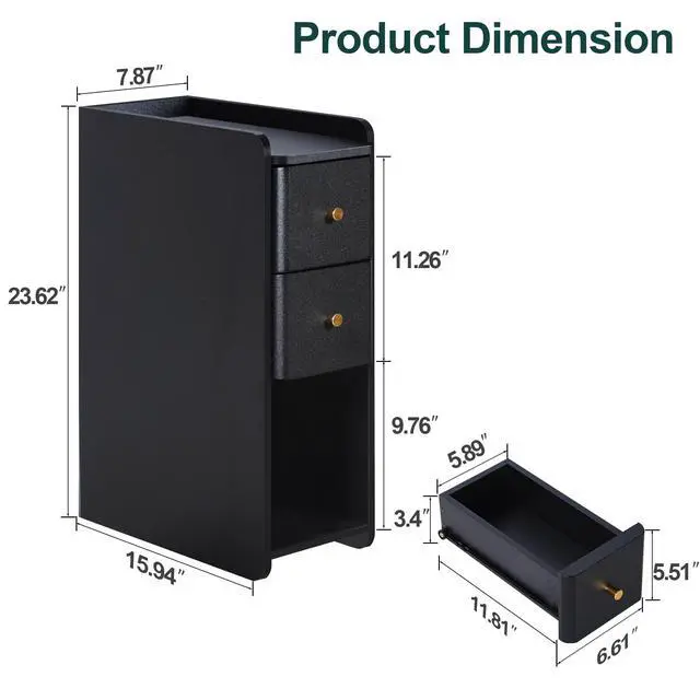 Alt view image 2 of 7 - Narrow End Table Bedroom, Wooden Small 2 Drawer Nightstand, Thin Couch Side End Table, Skinny Bedside Table Small Spaces, Mid Century Modern Night Stand with Drawers (Black-1 pc)