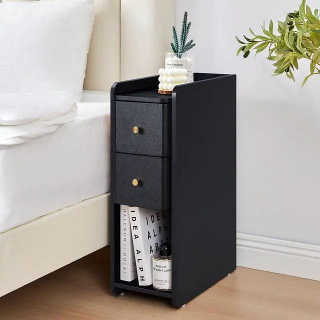 Alt view image 7 of 7 - Narrow End Table Bedroom, Wooden Small 2 Drawer Nightstand, Thin Couch Side End Table, Skinny Bedside Table Small Spaces, Mid Century Modern Night Stand with Drawers (Black-1 pc)