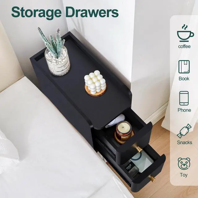 Alt view image 6 of 7 - Narrow End Table Bedroom, Wooden Small 2 Drawer Nightstand, Thin Couch Side End Table, Skinny Bedside Table Small Spaces, Mid Century Modern Night Stand with Drawers (Black-1 pc)