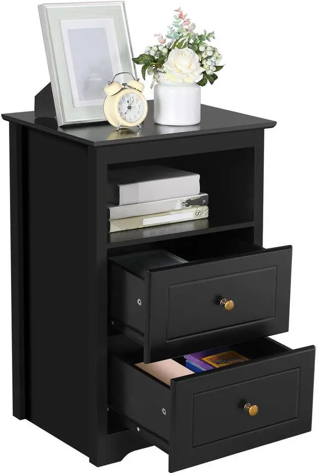 Main image of Tall Nightstand with 2 Drawer and 1 Cubby, 29" High Bedside Table Wooden Storage Cabinet Bed Side Table with Drawer for Bedroom Home Office, Black
