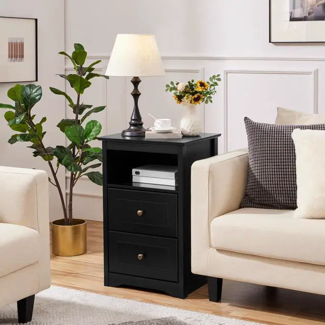 Alt view image 2 of 7 - Tall Nightstand with 2 Drawer and 1 Cubby, 29" High Bedside Table Wooden Storage Cabinet Bed Side Table with Drawer for Bedroom Home Office, Black